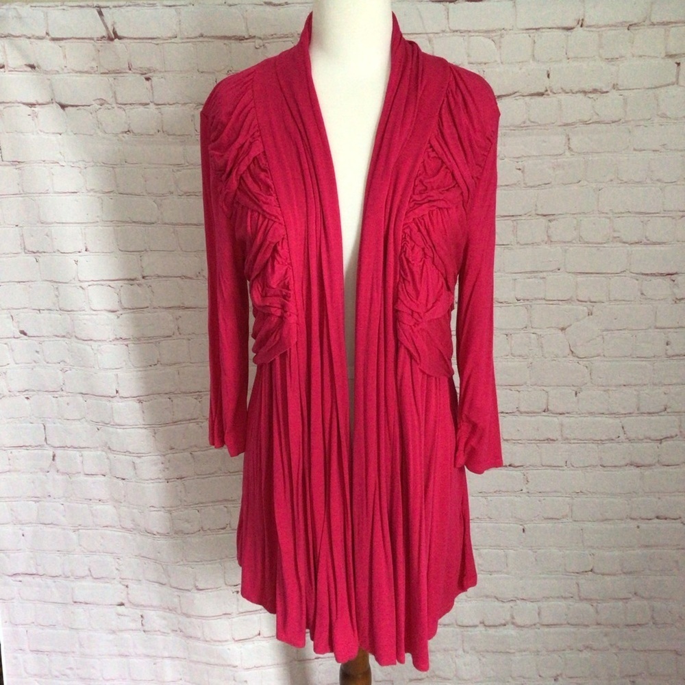 Colour Works Pink Ruched Open Front 3/4 Length Sleeve Cardigan - Size Medium